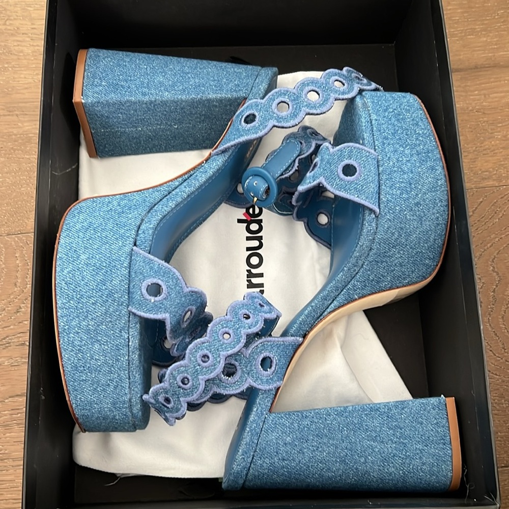 NEW Larroude Dolly Broderie Platform Sandal Blue Stoned Denim NWB - Picture 7 of 10